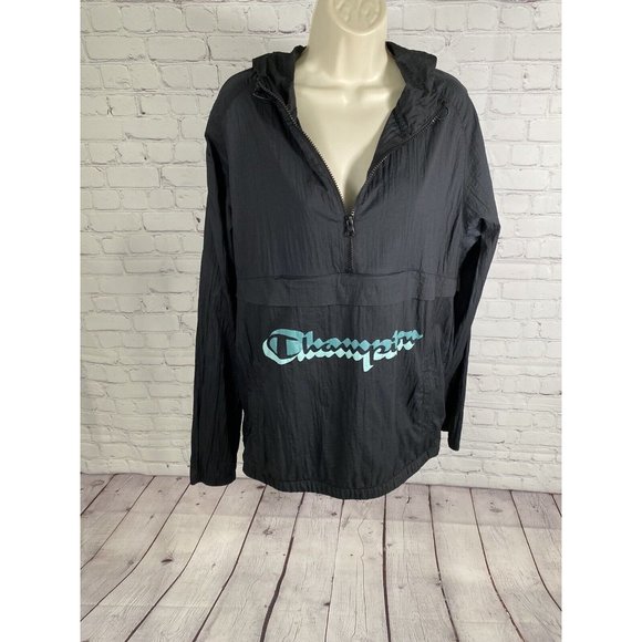 Champion Black Lightweight Half Zip Hooded Wind Breaker Zip Pockets Women’s L - Picture 1 of 9